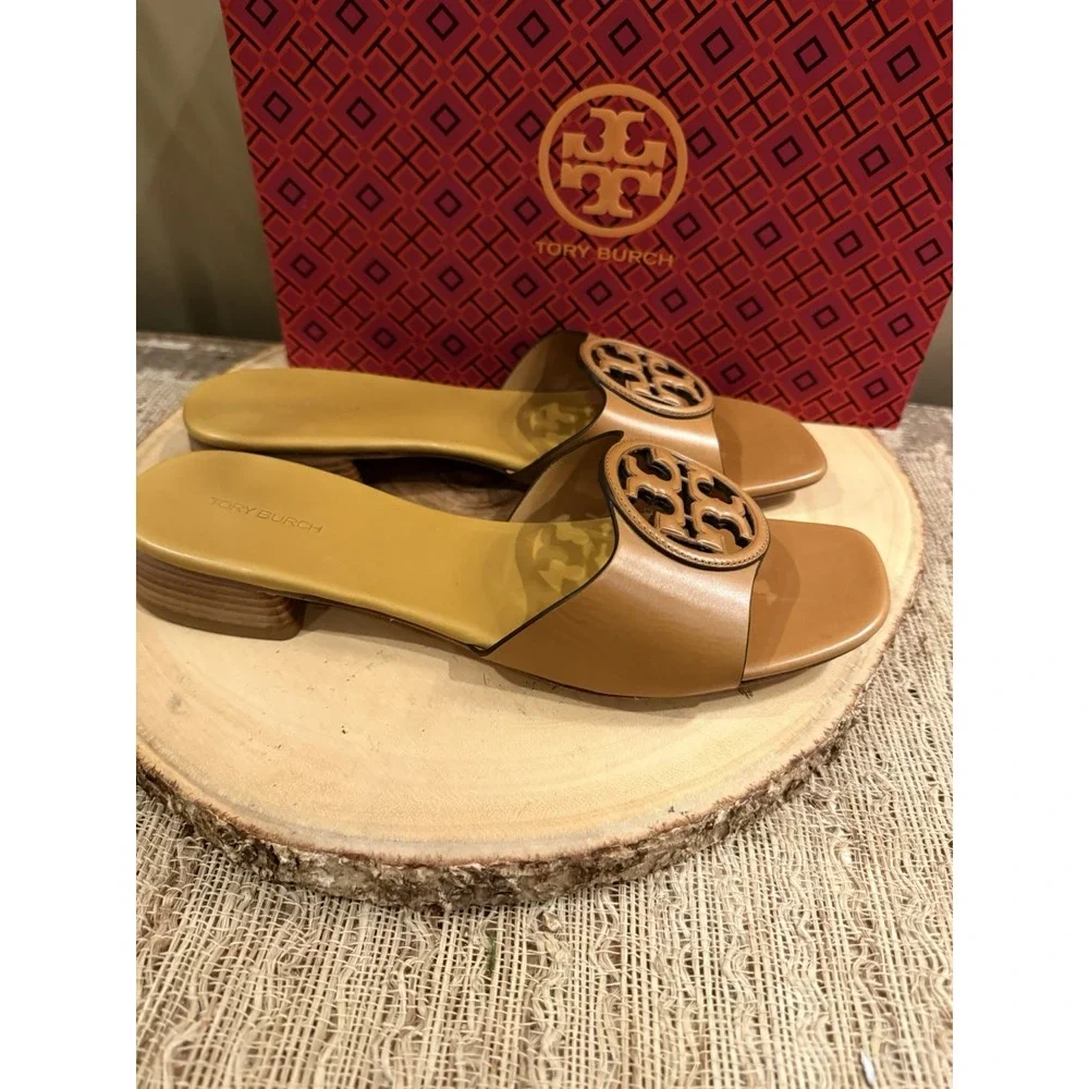 TORY BURCH Bombe Miller Slide Leather Sandal Carmel &‎ Yellow SZ 9.5 New Rt-298$